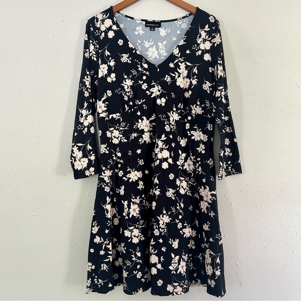 Fortune + Ivy Black White V-Neck Floral Fit N Flare Long Sleeve Mini Dress XL